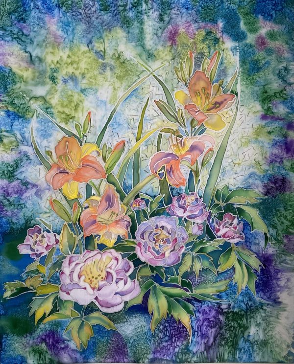 paveikslas ant šilko su įvairiaspalvėmis gėlėmis
