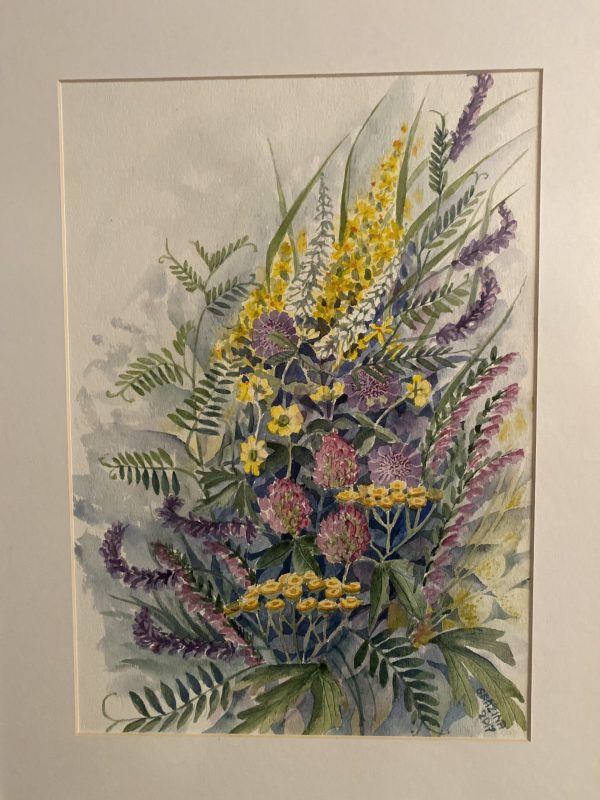 akvarele tapytas paveikslas su įvairiaspalvėmis vasaros laukų gėlėmis
